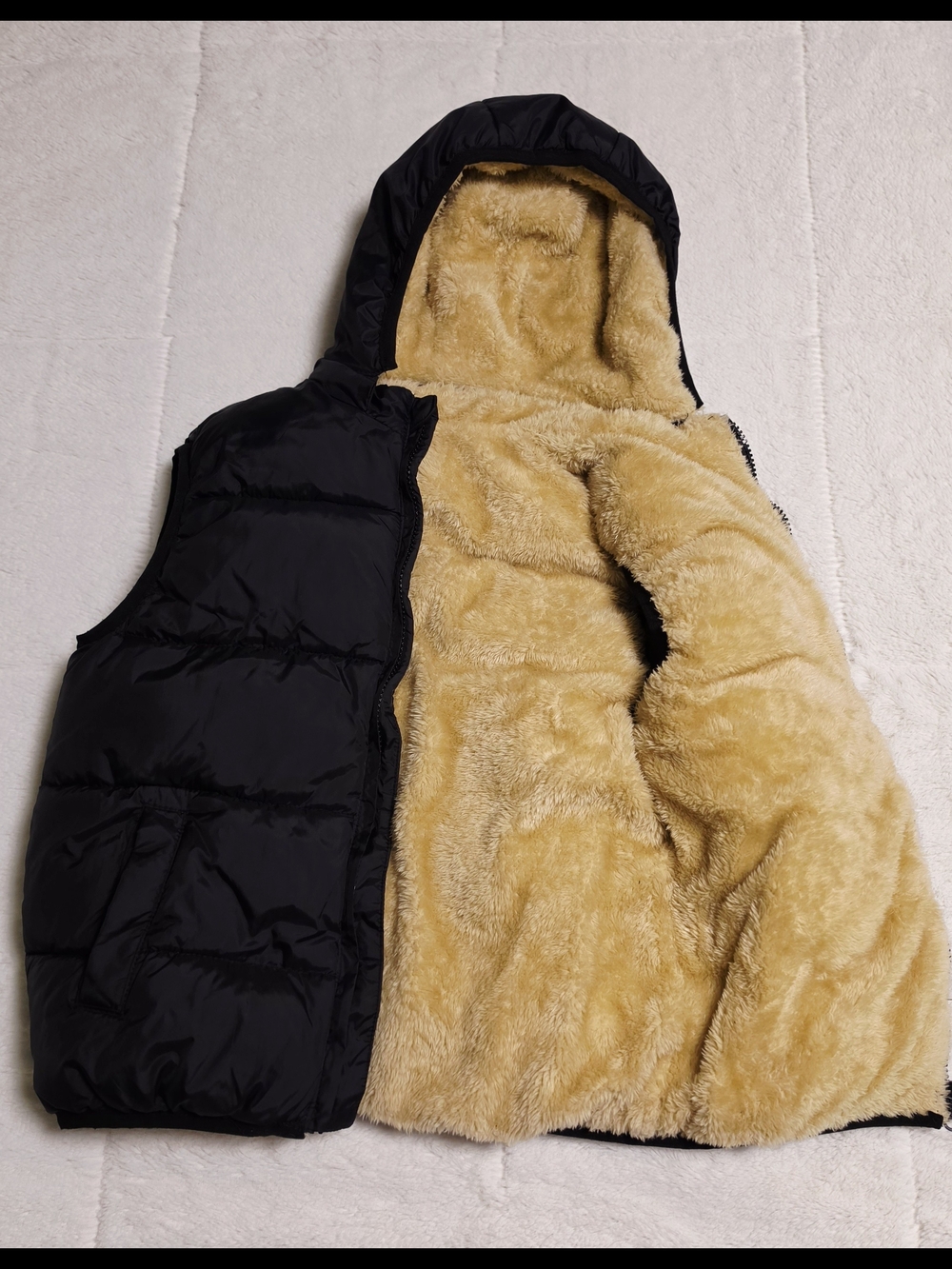 Kids Black Hooded Puffer Vest with Cozy Tan Sherpa Lining (o1-41)